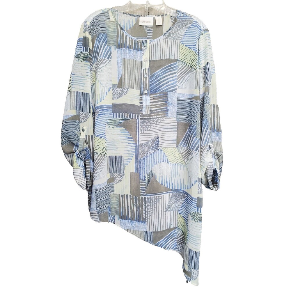 CHICO'S Chiffon Semi-Sheer Henley Angled Hem Roll-Tab Sleeve Tunic Size 2 (LGE)